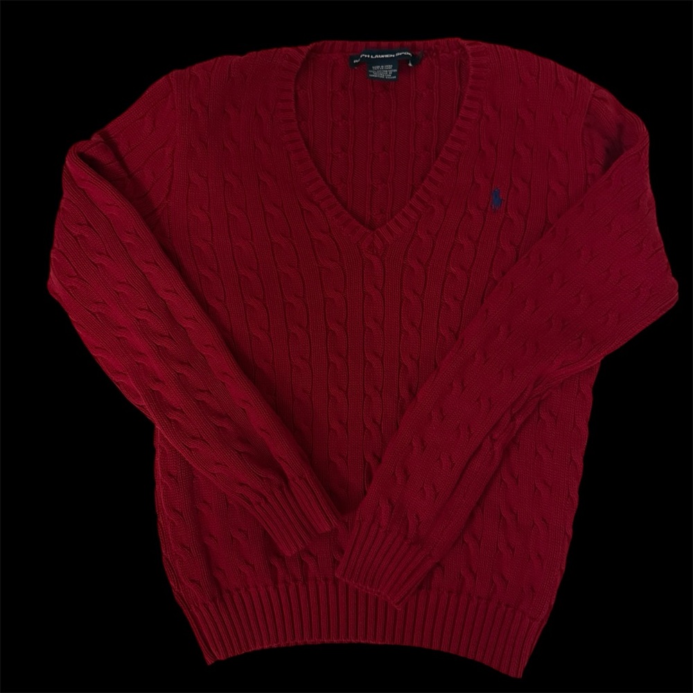 Ralph Lauren Cable knit Cotton preppy red v-neck sweater w/pony decal. XL